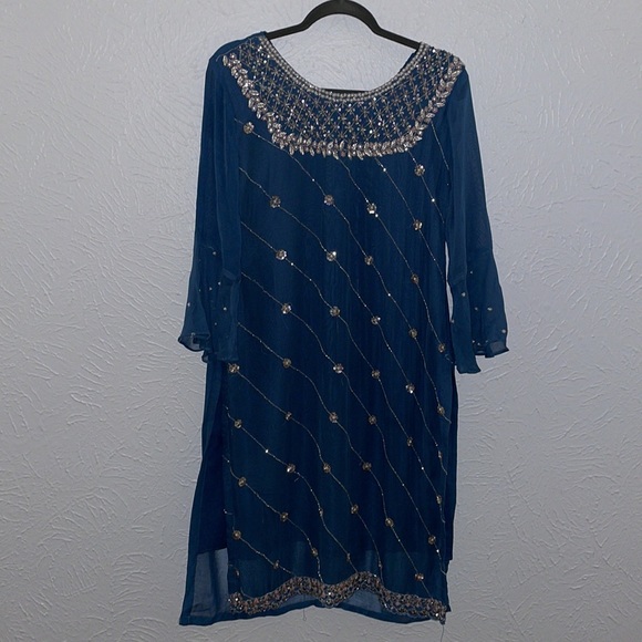 Gharara Blue with intricate Silver beading. - Picture 3 of 9